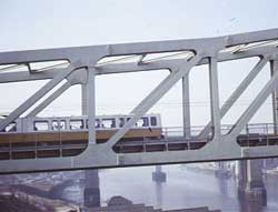 Metro on Metro bridge crosses from Gateshead