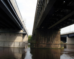 Three Stockton Bridges - new railway bridge (left) Stephenson railway bridge (centre) A66 Surtees Road Bridge (right)