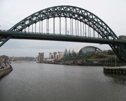 The Tyne Bridge showing the Sage Music Centre and Baltic Arts Centre